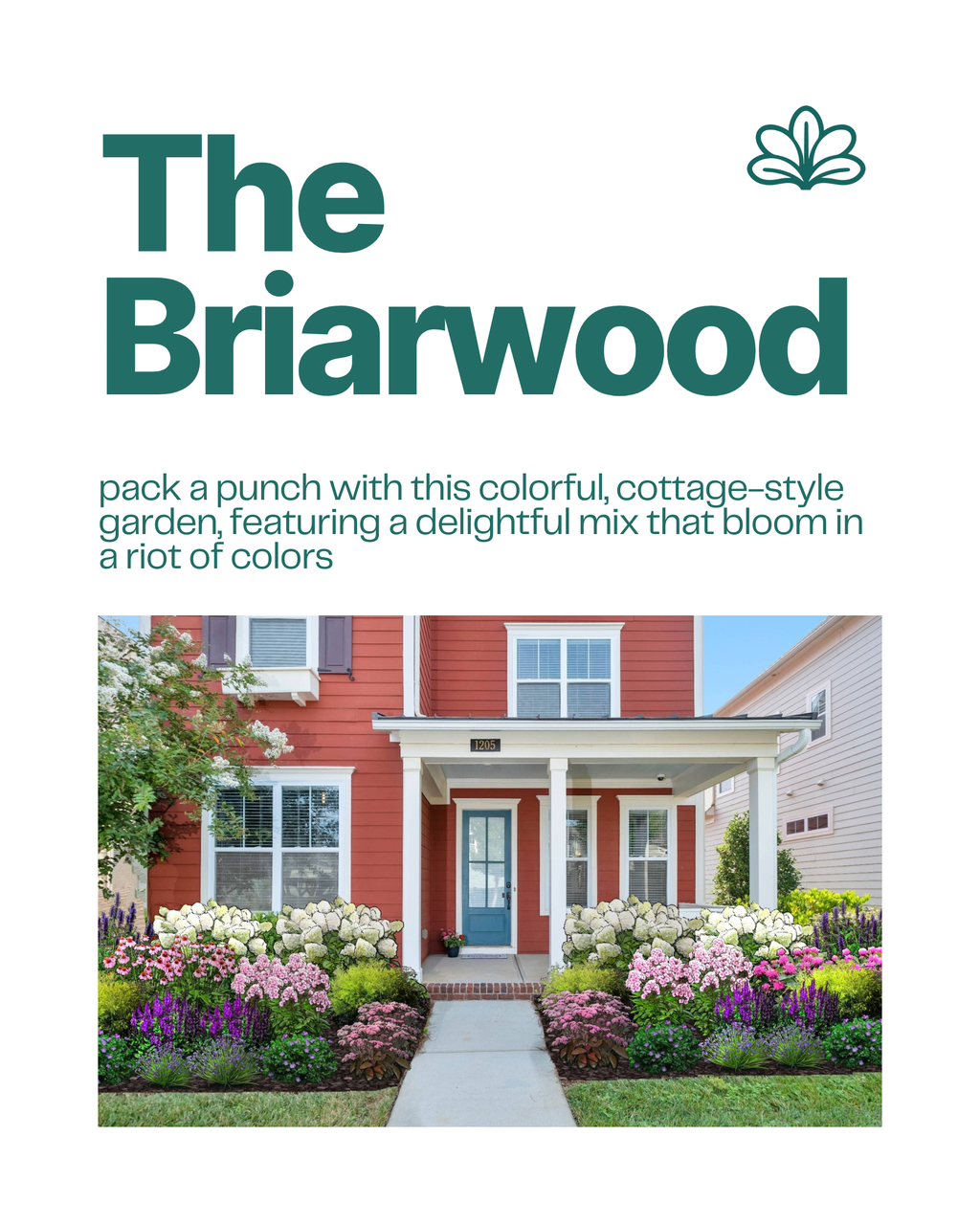 The Briarwood cottage garden blueprint with colorful pollinator-friendly perennials around a red craftsman home