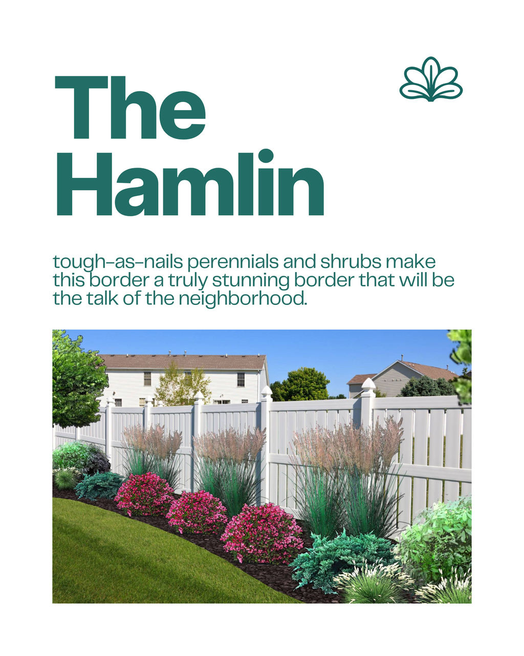The Hamlin perennial border garden blueprint with low-maintenance shrubs and grasses along a white fence