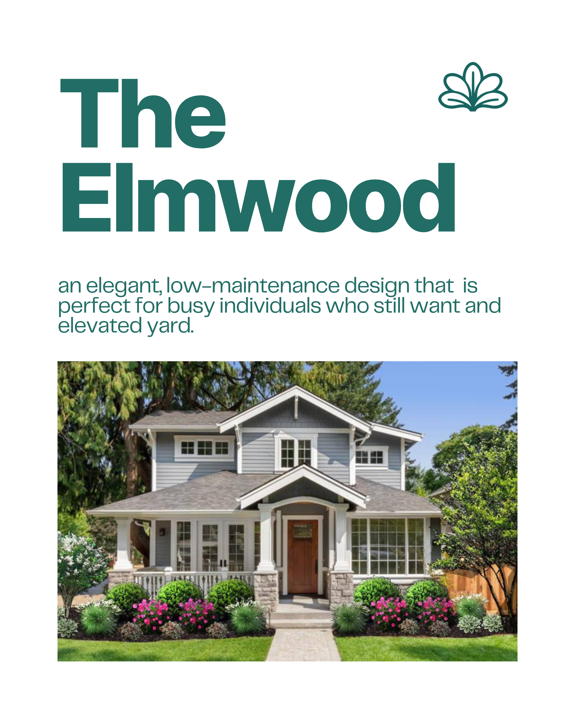 The Elmwood low-maintenance front yard landscape design blueprint with layered shrubs perennials and a flowering tree
