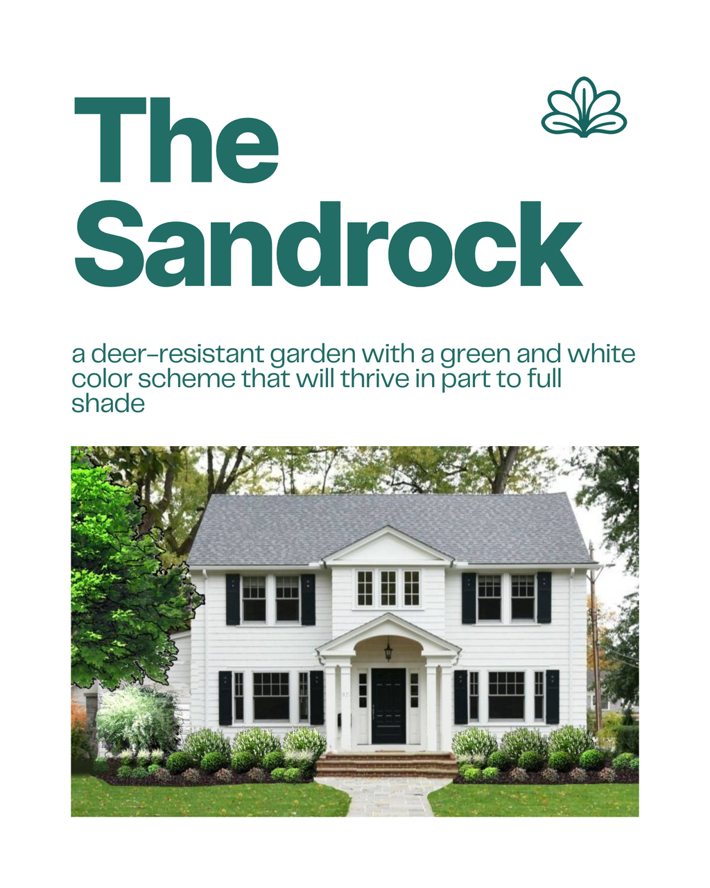 The Sandrock shade garden blueprint with deer-resistant foundation plantings around a colonial home