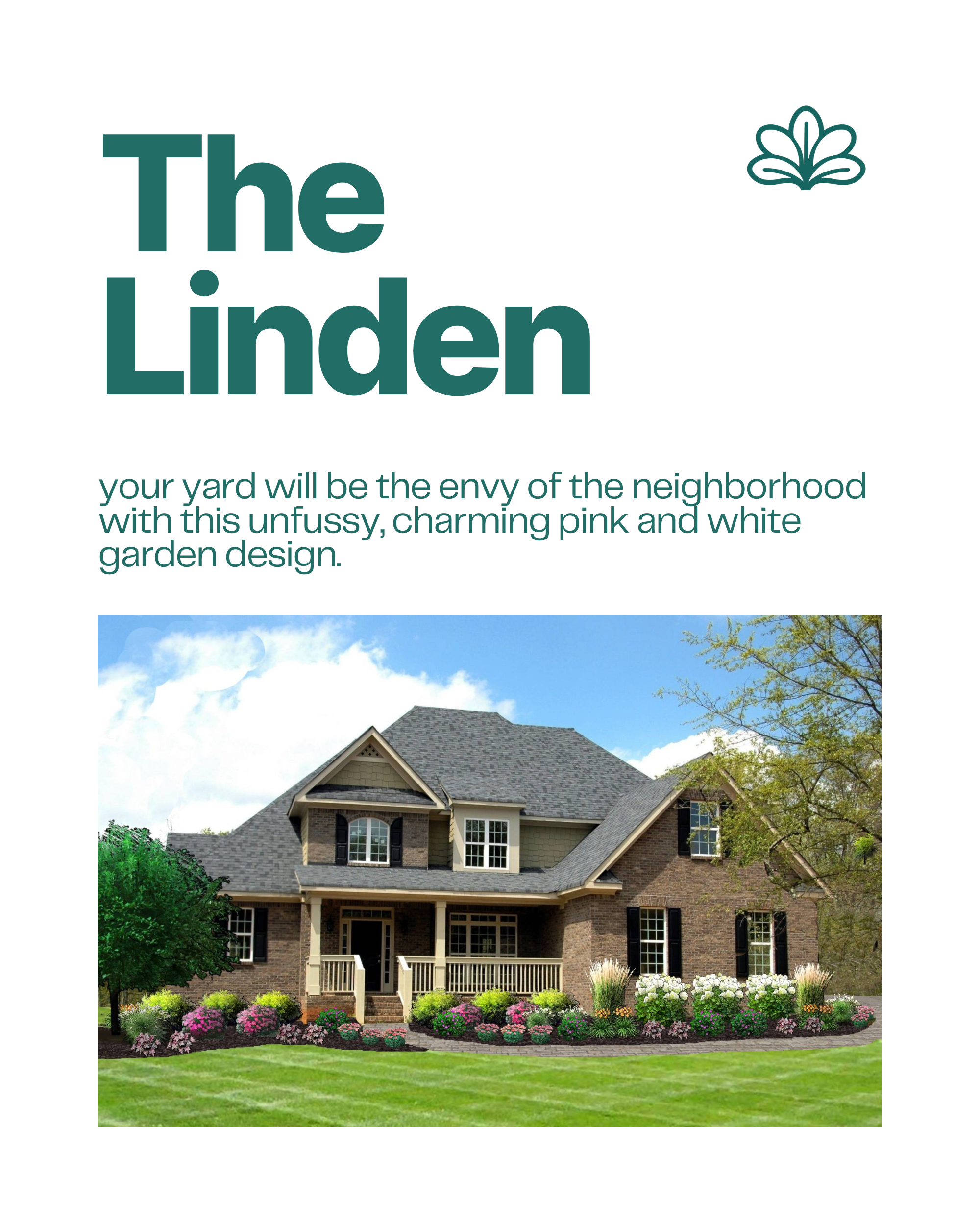 The Linden pink and white front yard garden blueprint with easy-care foundation plantings for curb appeal