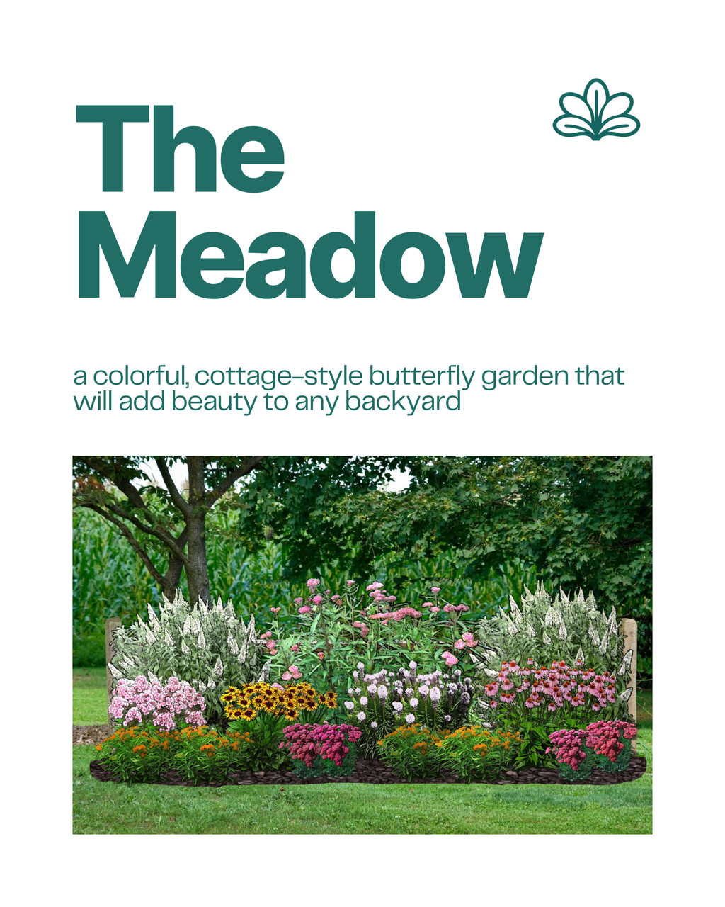 The Meadow pollinator garden blueprint with colorful cottage-style butterfly garden design for backyards